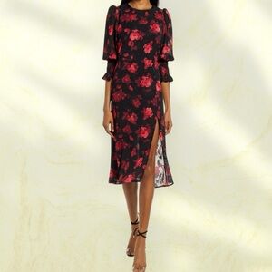 Chelsea 28 Floral Smocked Cuff Midi Dress Women’s S (4/6) Black/Red